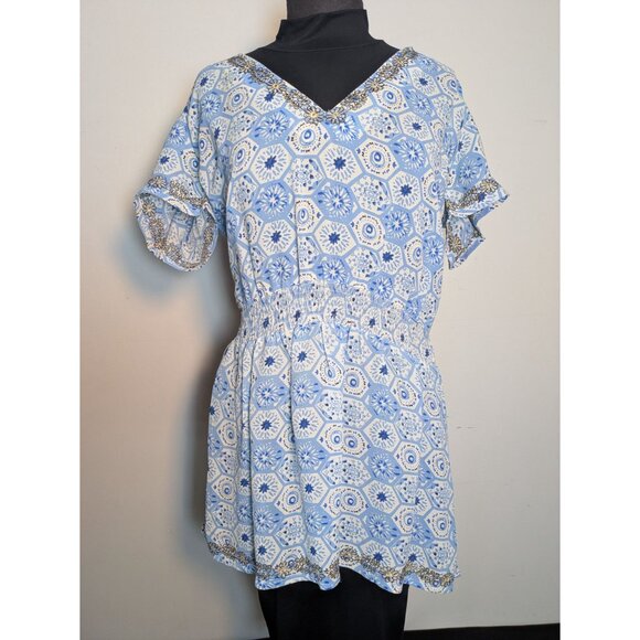 Lovers & Friends V-Neck Boho Mini Dress Blue & White Floral Print, SIze M - Picture 3 of 10